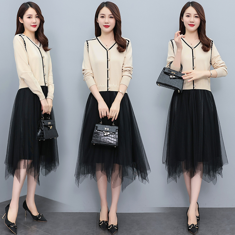 2023 Spring New Plus Size lapel Seven Sleeve knitted Printed Dress